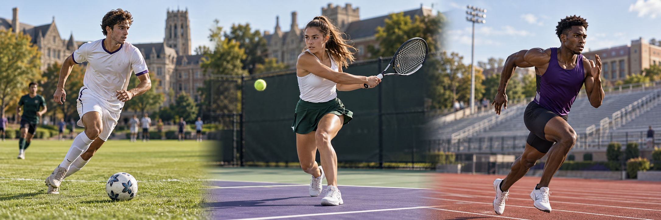 Deportistas universitarios practicando fútbol, tenis y atletismo en Estados Unidos